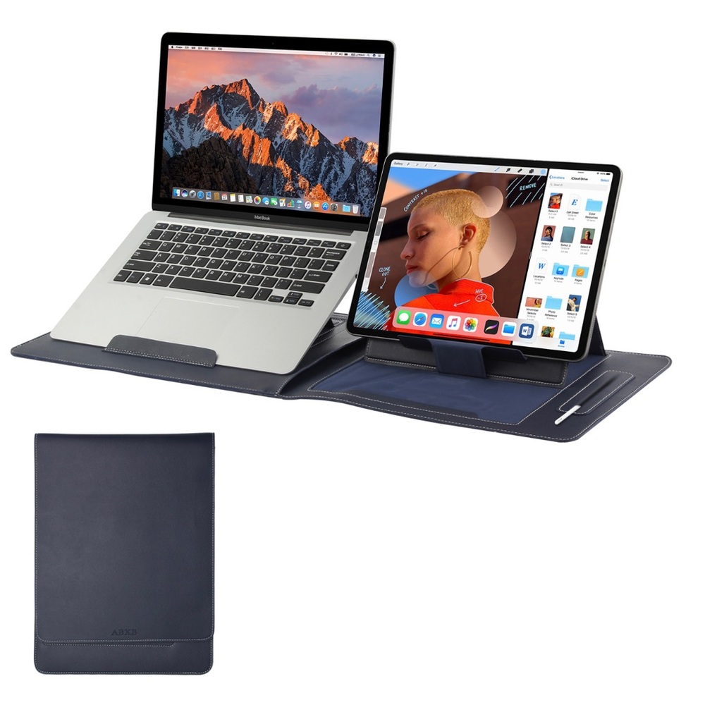 Leather Laptop carry case with foldable computer stand + tablet stand